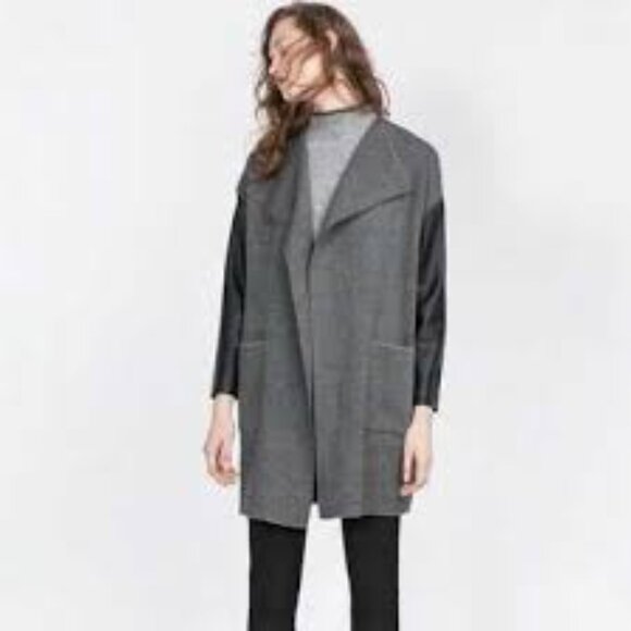 Zara Gray and Black Women's Cape Coat with faux leather - Picture 3 of 4